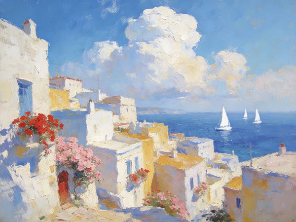 Small Paintings On Canvas, Coastal Santorini, A Vibrant Scene with Sailboats and Villages, Simple Painting Ideas, Hand Painted Wall Art, Small Wall Paintings, Landscape Canvas Paintings-Silvia Home Craft