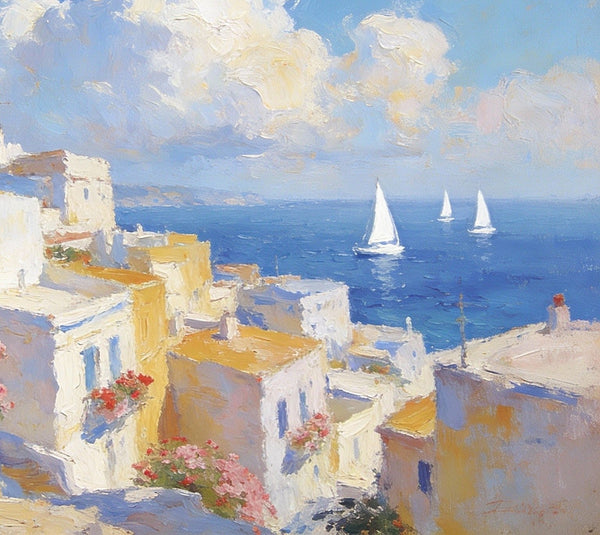 Small Paintings On Canvas, Coastal Santorini, A Vibrant Scene with Sailboats and Villages, Simple Painting Ideas, Hand Painted Wall Art, Small Wall Paintings, Landscape Canvas Paintings-Silvia Home Craft