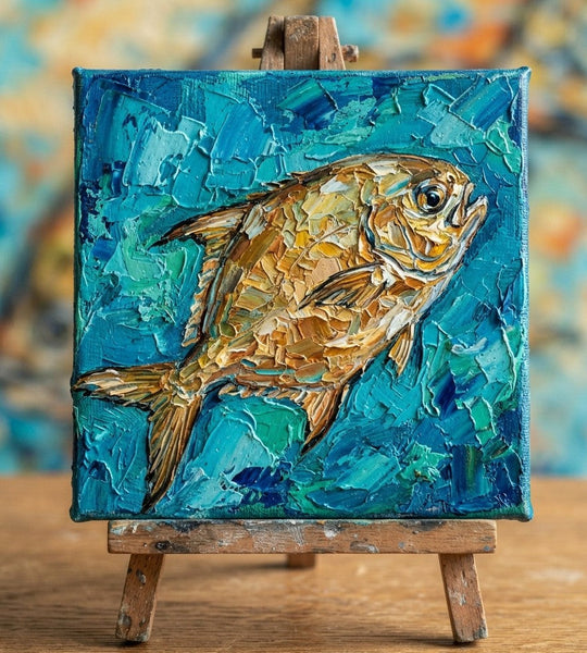 Hand Painted Canvas Art, Tuna Fish Painting, Original Acrylic Paintings, Small Art on Canvas, Heavy Texture Painting, Ready to Hang, Impasto Artwork-Silvia Home Craft