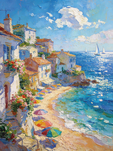 Azure Days - A Summer Holiday on the Mediterranean, Landscape Oil Paintings, Impasto Wall Art Paintings, Original Small Paintings on Canvas, Heavy Texture Oil Paintings, Small Paintings on Canvas-Silvia Home Craft
