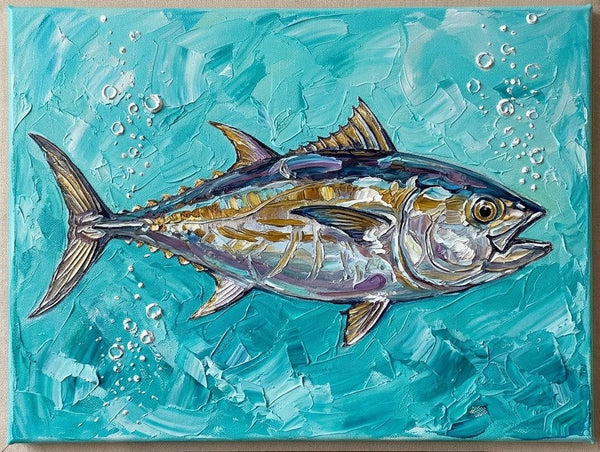 Ready to Hang Artwork, Tuna Fish Painting, Small Art on Canvas, Original Acrylic Paintings, Heavy Texture Painting, Impasto Artwork, Hand Painted Canvas Art-Silvia Home Craft