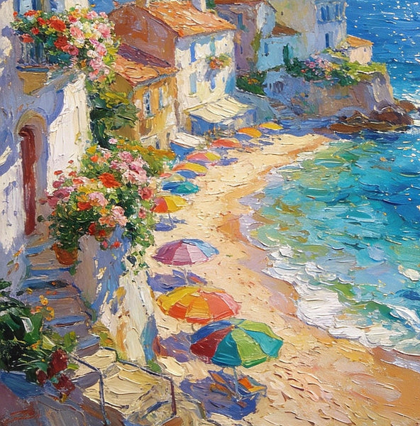 Azure Days - A Summer Holiday on the Mediterranean, Landscape Oil Paintings, Impasto Wall Art Paintings, Original Small Paintings on Canvas, Heavy Texture Oil Paintings, Small Paintings on Canvas-Silvia Home Craft