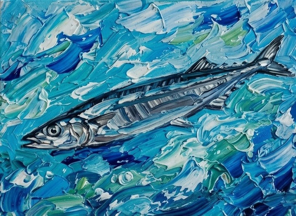 Pacific Saury Fish Painting, Original Acrylic Paintings, Heavy Texture Painting, Impasto Artwork, Hand Painted Canvas Art, Small Art on Canvas, Ready to Hang Artwork-Silvia Home Craft