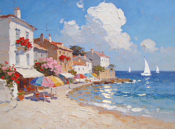Seaside Summer Holiday, Small Oil Paintings on Canvas, Palette Knife Artwork, Landscape Canvas Paintings, Hand Painted Canvas Art, Original Oil Paintings-Silvia Home Craft
