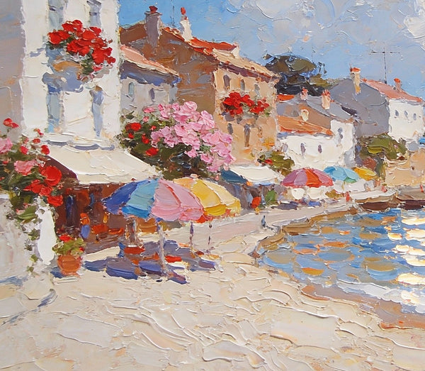 Seaside Summer Holiday, Small Oil Paintings on Canvas, Palette Knife Artwork, Landscape Canvas Paintings, Hand Painted Canvas Art, Original Oil Paintings-Silvia Home Craft