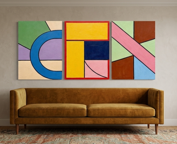 Colorful Abstract Paintings for Mid Century Bedroom, Geometric Abstract Art, Multi Panel Group Paintings-Silvia Home Craft
