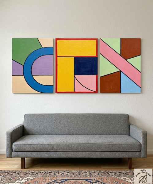 Colorful Abstract Paintings for Mid Century Bedroom, Geometric Abstract Art, Multi Panel Group Paintings-Silvia Home Craft