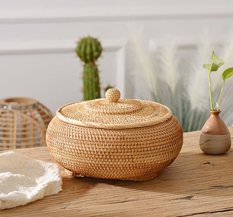 Rattan Storage Basket for Kitchen, Storage Basket for Picnic, Small Storage Baskets, Round Storage Basket with Lid, Woven Storage Baskets-Silvia Home Craft