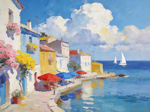 The Quiet Seaside Town, Small Oil Paintings on Canvas, Palette Knife Artwork, Landscape Small Paintings, Small Wall Paintings, Original Oil Paintings-Silvia Home Craft