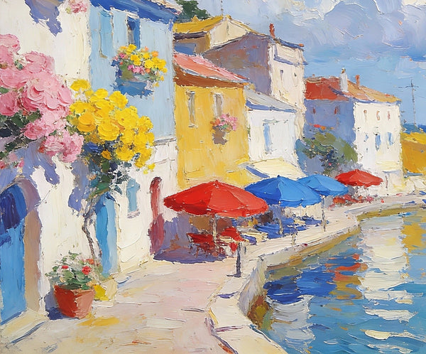 The Quiet Seaside Town, Small Oil Paintings on Canvas, Palette Knife Artwork, Landscape Small Paintings, Small Wall Paintings, Original Oil Paintings-Silvia Home Craft