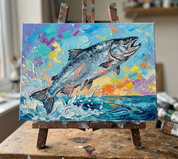 Original Acrylic Paintings, Small Art on Canvas, Salmon Fish Painting, Ready to Hang Artwork, Heavy Texture Painting, Impasto Artwork, Hand Painted Canvas Art-Silvia Home Craft