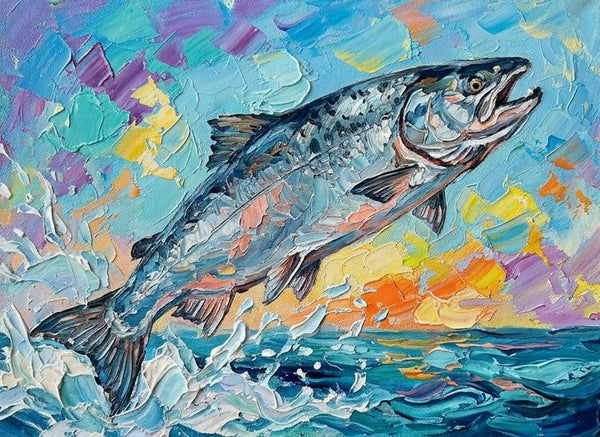 Original Acrylic Paintings, Small Art on Canvas, Salmon Fish Painting, Ready to Hang Artwork, Heavy Texture Painting, Impasto Artwork, Hand Painted Canvas Art-Silvia Home Craft