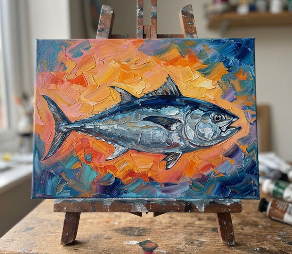 Small Art on Canvas, Salmon Fish Painting, Original Acrylic Paintings, Ready to Hang Artwork, Heavy Texture Painting, Impasto Artwork, Hand Painted Canvas Art-Silvia Home Craft
