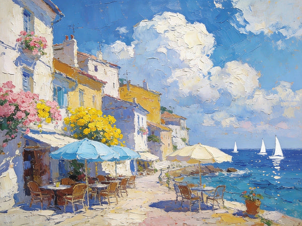 Small Paintings on Canvas, A Seaside Cafe, Summer Resort, Hand Painted Canvas Art, Impasto Artwork, Original Oil Paintings, Small Landscape Paintings on Wall-Silvia Home Craft