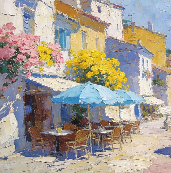 Small Paintings on Canvas, A Seaside Cafe, Summer Resort, Hand Painted Canvas Art, Impasto Artwork, Original Oil Paintings, Small Landscape Paintings on Wall-Silvia Home Craft