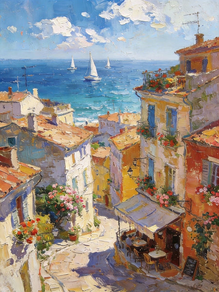 Impasto Wall Art Paintings, A Leisurely Town by the Mediterranean, Landscape Oil Paintings, Original Small Paintings on Canvas, Heavy Texture Oil Paintings, On Canvas Small Paintings-Silvia Home Craft
