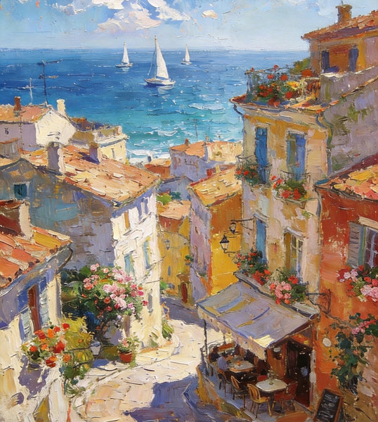 Impasto Wall Art Paintings, A Leisurely Town by the Mediterranean, Landscape Oil Paintings, Original Small Paintings on Canvas, Heavy Texture Oil Paintings, On Canvas Small Paintings-Silvia Home Craft