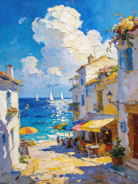 Small Paintings On Canvas, Vibrant Coastal Village, Colorful Houses by the Sea, Hand Painted Canvas Art, Landscape Oil Paintings, Original Artwork Small Paintings on Wall-Silvia Home Craft