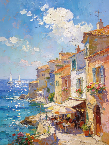 Seaside Cafe Days, Summer Resort, Landscape Oil Paintings, Impasto Wall Art Paintings, Original Small Paintings on Canvas, Heavy Texture Oil Paintings, On Canvas Small Paintings-Silvia Home Craft