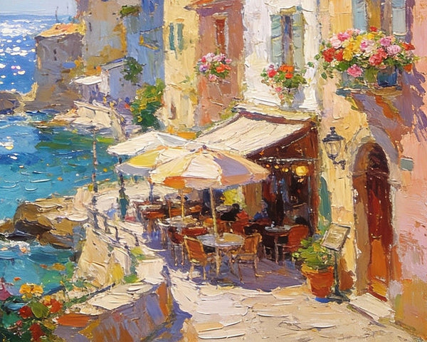 Seaside Cafe Days, Summer Resort, Landscape Oil Paintings, Impasto Wall Art Paintings, Original Small Paintings on Canvas, Heavy Texture Oil Paintings, On Canvas Small Paintings-Silvia Home Craft