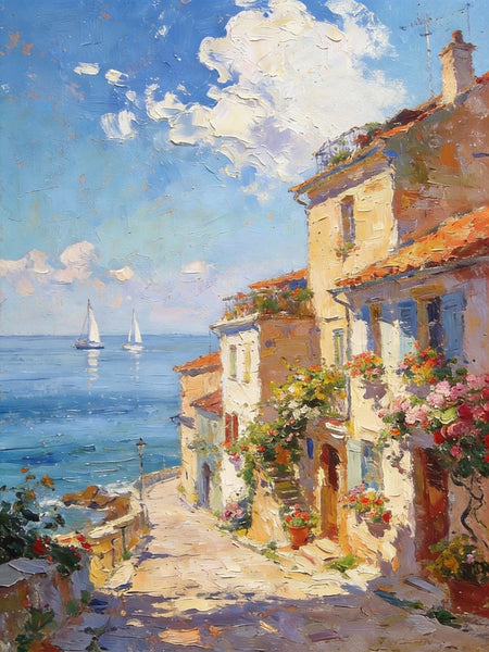 On Canvas Small Paintings, Sunlit Coastal Town, Flower-Adorned Streets and Sailboats, Hand Painted Canvas Art, Original Artwork Small Paintings on Wall, Landscape Oil Paintings-Silvia Home Craft