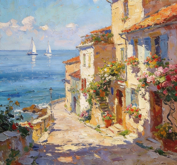 On Canvas Small Paintings, Sunlit Coastal Town, Flower-Adorned Streets and Sailboats, Hand Painted Canvas Art, Original Artwork Small Paintings on Wall, Landscape Oil Paintings-Silvia Home Craft