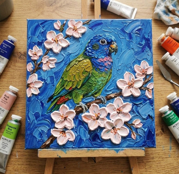 Parrot Bird Painting, Small Art on Canvas, Heavy Texture Painting, Ready to Hang Painting, Impasto Artwork, Original Acrylic Paintings, Hand Painted Canvas Art-Silvia Home Craft