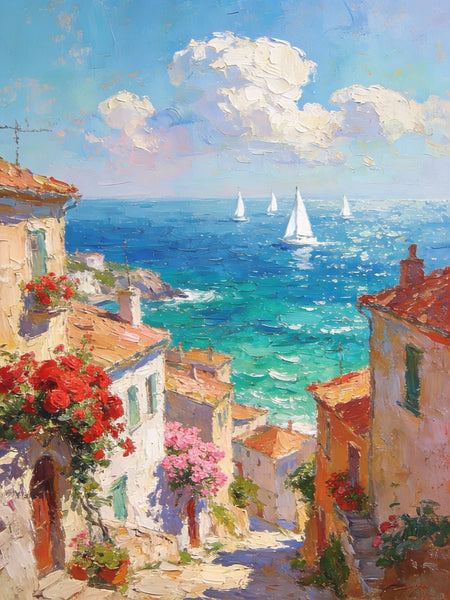 Coastal Town with Sailboats, A Vibrant Mediterranean Scene, Original Artwork Small Paintings, Hand Painted Canvas Art, Heavy Texture Wall Art Paintings, On Canvas Small Paintings-Silvia Home Craft