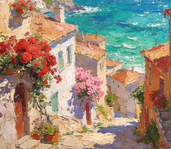 Coastal Town with Sailboats, A Vibrant Mediterranean Scene, Original Artwork Small Paintings, Hand Painted Canvas Art, Heavy Texture Wall Art Paintings, On Canvas Small Paintings-Silvia Home Craft