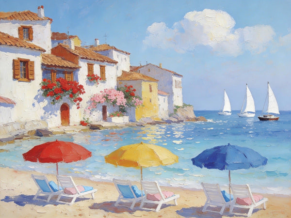 Landscape Oil Paintings, Coastal Town with Colorful Umbrellas, Small Paintings on Canvas, Original Canvas Paintings, Heavy Texture Artwork, Hand Painted Wall Art-Silvia Home Craft