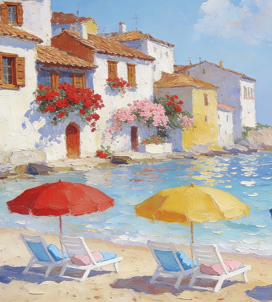 Landscape Oil Paintings, Coastal Town with Colorful Umbrellas, Small Paintings on Canvas, Original Canvas Paintings, Heavy Texture Artwork, Hand Painted Wall Art-Silvia Home Craft