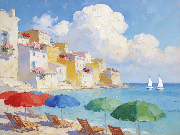 Original Oil Paintings, An Exclusive Summer by the Mediterranean, Palette Knife Artwork, Landscape Canvas Paintings, Small Oil Paintings on Canvas, Hand Painted Canvas Art-Silvia Home Craft