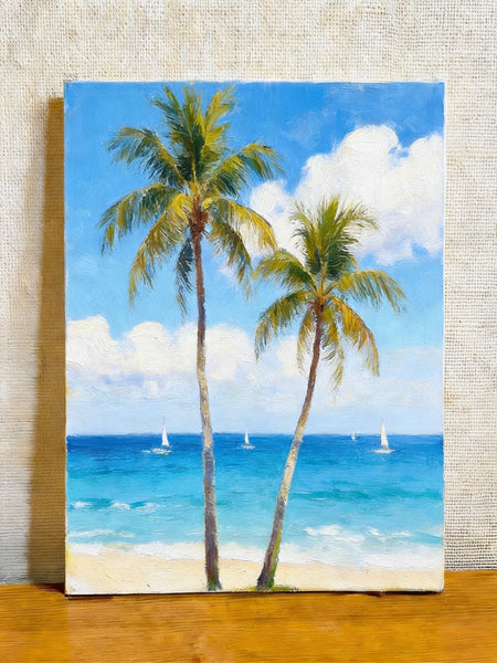 Original Seascape Paintings, Blue Sea and Coconut Trees, Hand Painted Canvas Art, Small Canvas Artwork, Original Oil Paintings, Buy Small Paintings Online-Silvia Home Craft
