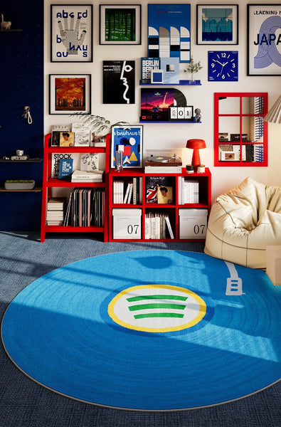 Modern Floor Rugs Next to Bed, Blue Circular Modern Rugs for Dining Room, Geometric Round Rugs for Small House, Contemporary Floor Carpets for Apartment-Silvia Home Craft