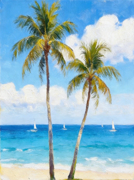 Original Seascape Paintings, Blue Sea and Coconut Trees, Hand Painted Canvas Art, Small Canvas Artwork, Original Oil Paintings, Buy Small Paintings Online-Silvia Home Craft