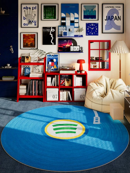 Modern Floor Rugs Next to Bed, Blue Circular Modern Rugs for Dining Room, Geometric Round Rugs for Small House, Contemporary Floor Carpets for Apartment-Silvia Home Craft
