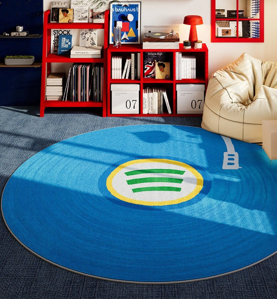 Modern Floor Rugs Next to Bed, Blue Circular Modern Rugs for Dining Room, Geometric Round Rugs for Small House, Contemporary Floor Carpets for Apartment-Silvia Home Craft