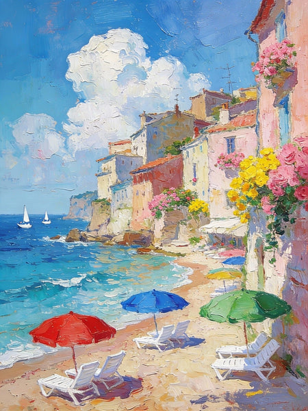 Summer by the Shore, Seashore Beach Painting, Small Landscape Paintings, Impasto Paintings, Small Paintings on Canvas, Palette Knife Wall Art, Original Small Paintings on Canvas-Silvia Home Craft
