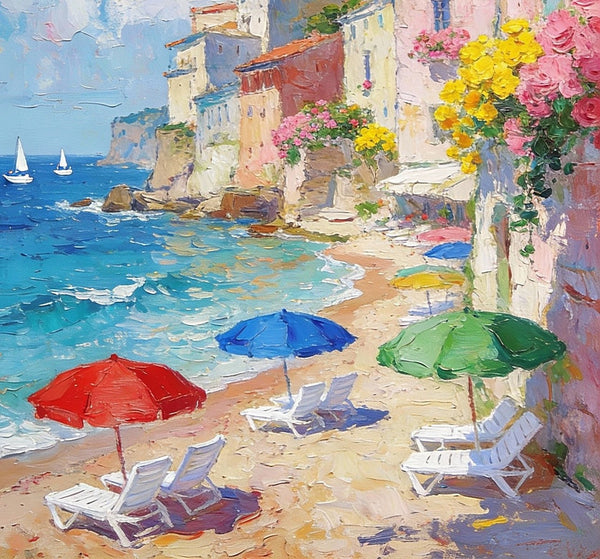 Summer by the Shore, Seashore Beach Painting, Small Landscape Paintings, Impasto Paintings, Small Paintings on Canvas, Palette Knife Wall Art, Original Small Paintings on Canvas-Silvia Home Craft
