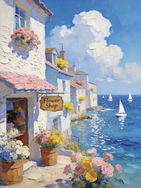 Original Small Paintings, Seaside Flower Shop in Summer, Impasto Paintings, Small Oil Paintings, Small Wall Art Paintings, Landscape Canvas Paintings-Silvia Home Craft