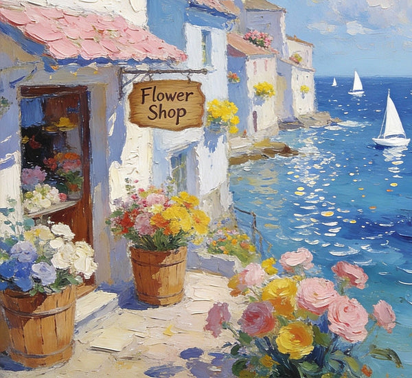 Original Small Paintings, Seaside Flower Shop in Summer, Impasto Paintings, Small Oil Paintings, Small Wall Art Paintings, Landscape Canvas Paintings-Silvia Home Craft