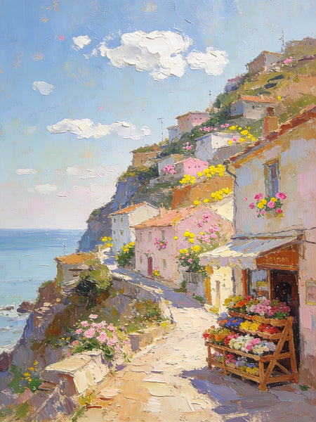 Sunlit Cliffside Town, Flowers, Houses, and Ocean Views, Original Artwork Small Paintings, Hand Painted Canvas Art, On Canvas Small Paintings, Palette Knife Artwork, Landscape Artwork, Canvas Paintings-Silvia Home Craft