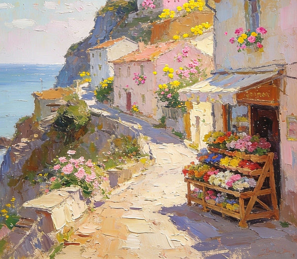 Sunlit Cliffside Town, Flowers, Houses, and Ocean Views, Original Artwork Small Paintings, Hand Painted Canvas Art, On Canvas Small Paintings, Palette Knife Artwork, Landscape Artwork, Canvas Paintings-Silvia Home Craft