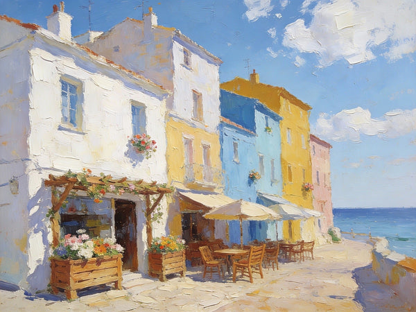 On Canvas Small Paintings, European Street Cafe, Colorful Buildings by the Sea, Simple Painting Ideas, Hand Painted Wall Art, Small Wall Paintings, Landscape Canvas Paintings-Silvia Home Craft
