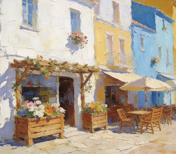 On Canvas Small Paintings, European Street Cafe, Colorful Buildings by the Sea, Simple Painting Ideas, Hand Painted Wall Art, Small Wall Paintings, Landscape Canvas Paintings-Silvia Home Craft