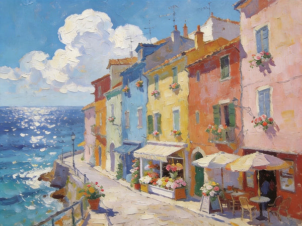 Flower Shop by the Mediterranean, Summer Resort, Hand Painted Canvas Art, Small Landscape Paintings, Original Oil Paintings, Small Wall Art Paintings, Small Paintings on Canvas-Silvia Home Craft