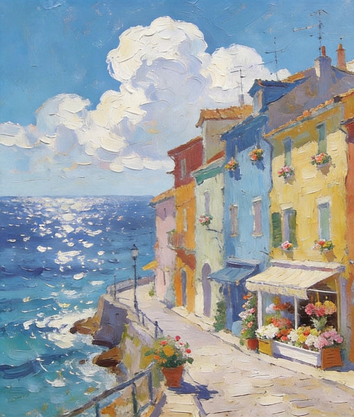 Flower Shop by the Mediterranean, Summer Resort, Hand Painted Canvas Art, Small Landscape Paintings, Original Oil Paintings, Small Wall Art Paintings, Small Paintings on Canvas-Silvia Home Craft