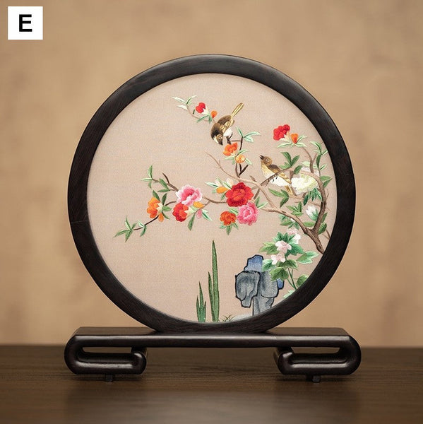 Exclusive Business Present, Flower and Bird Embroidered Decor, Unique Birthday Gift, Traditional Chinese Suzhou Embroidery Ornament, Premium Souvenir-Silvia Home Craft