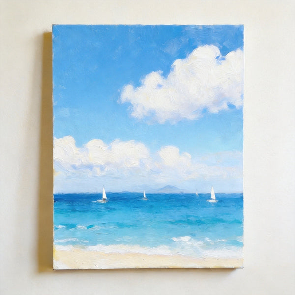 Peaceful Seashore, Sailing Boats at Sea, Hand Painted Canvas Art, Original Landscape Paintings, Small Canvas Wall Art Paintings, Original Oil Paintings, Buy Small Paintings Online-Silvia Home Craft