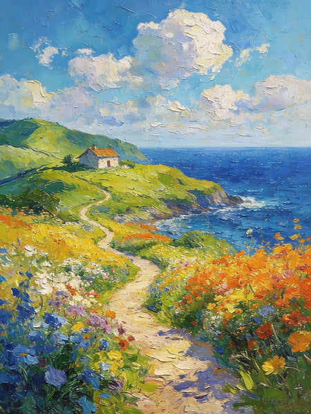 On Canvas Small Paintings, A Cottage by the Azure Sea, Hand Painted Canvas Art, Original Artwork Small Paintings on Wall, Landscape Oil Paintings-Silvia Home Craft